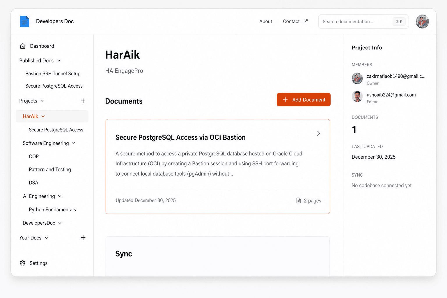 Developers Doc project workspace for HarAik with documents, members, and sync status